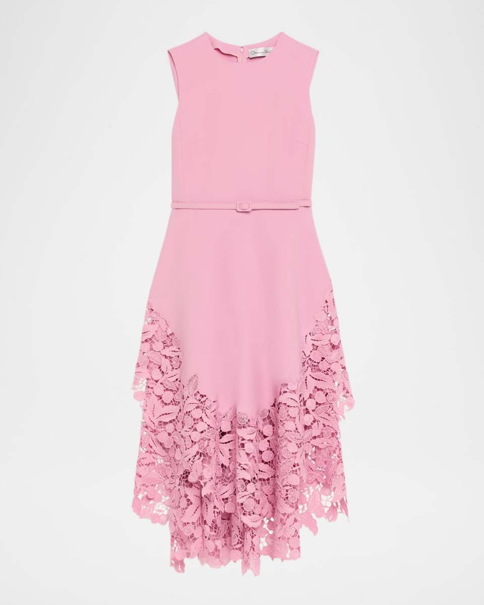 Sleeveless Cherry Guipure Embroidered High-Low Dress With Belt